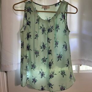 LOFT Green Floral Pleated Sleeveless Blouse